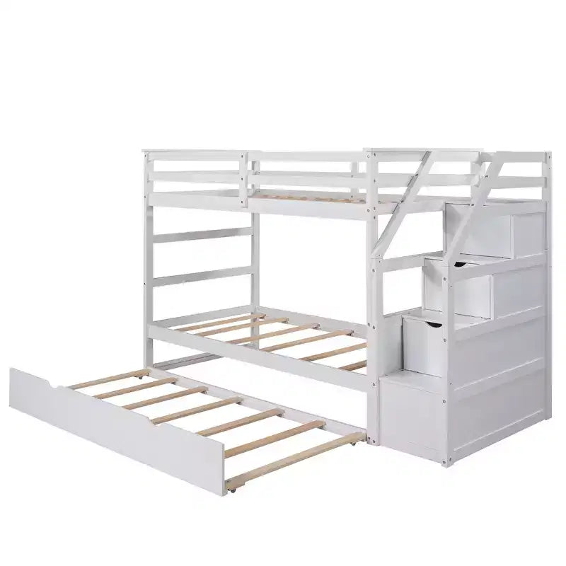 Lit superposé Whisen double sur double, cadre de lit avec lit gigogne et 3 escaliers de rangement