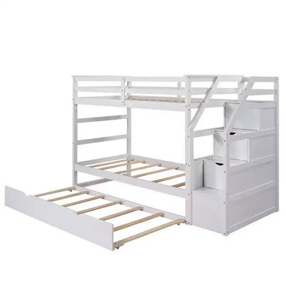 Lit superposé Whisen double sur double, cadre de lit avec lit gigogne et 3 escaliers de rangement