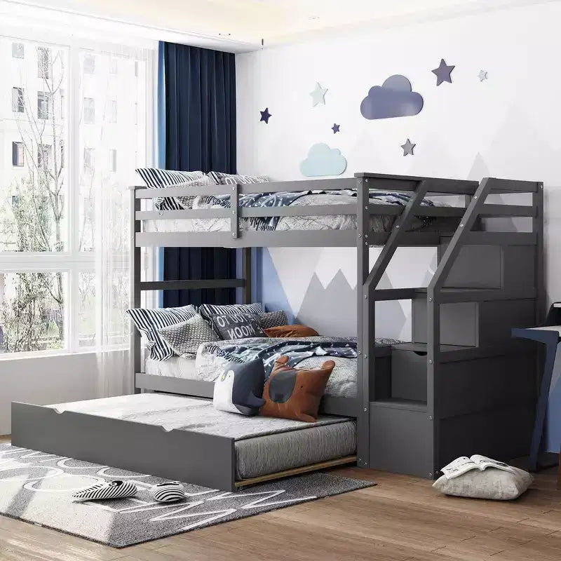 Whisen Twin-Over-Twin Bunk Bed, Bed Frame with Trundle and 3 Storage Stairs