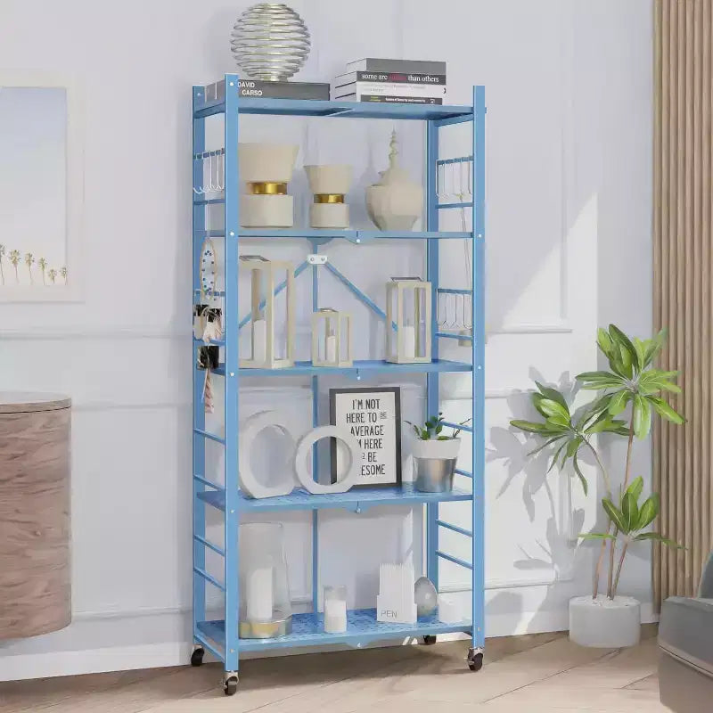 Hooure 5-Tier Folding Shelf - 5 Second Setup, 440 lb Capacity, 20 Hooks & Wheels, Space-Saving