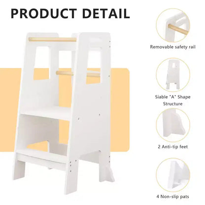 Tour d'apprentissage JVNOXK pour enfants, tabouret de cuisine, tabouret en bois pour tout-petits - Hauteur réglable, pour utilisation en cuisine, blanc