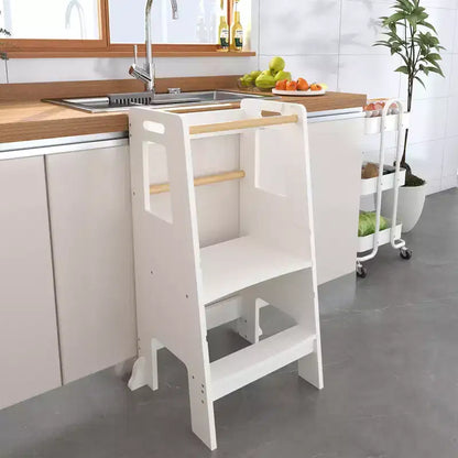 Tour d'apprentissage JVNOXK pour enfants, tabouret de cuisine, tabouret en bois pour tout-petits - Hauteur réglable, pour utilisation en cuisine, blanc