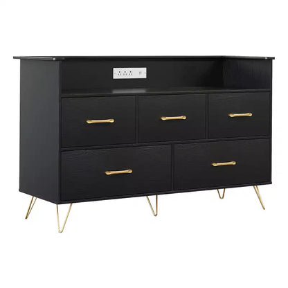 Commode à 5 tiroirs pour chambre à coucher, commode moderne avec lumières LED et station de recharge, organisateur de rangement de vêtements compact en bois
