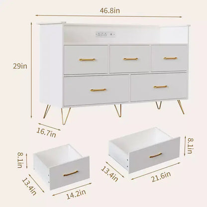 Commode à 5 tiroirs pour chambre à coucher, commode moderne avec lumières LED et station de recharge, organisateur de rangement de vêtements compact en bois