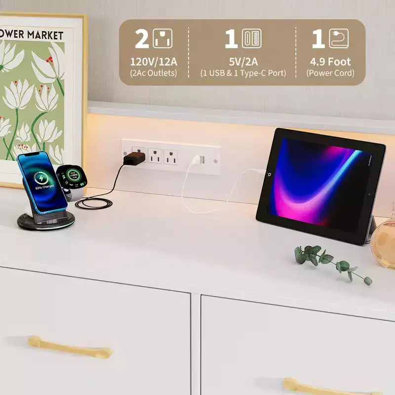 Commode à 5 tiroirs pour chambre à coucher, commode moderne avec lumières LED et station de recharge, organisateur de rangement de vêtements compact en bois