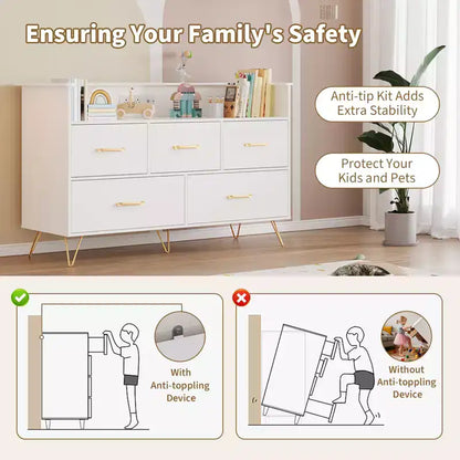 Commode à 5 tiroirs pour chambre à coucher, commode moderne avec lumières LED et station de recharge, organisateur de rangement de vêtements compact en bois