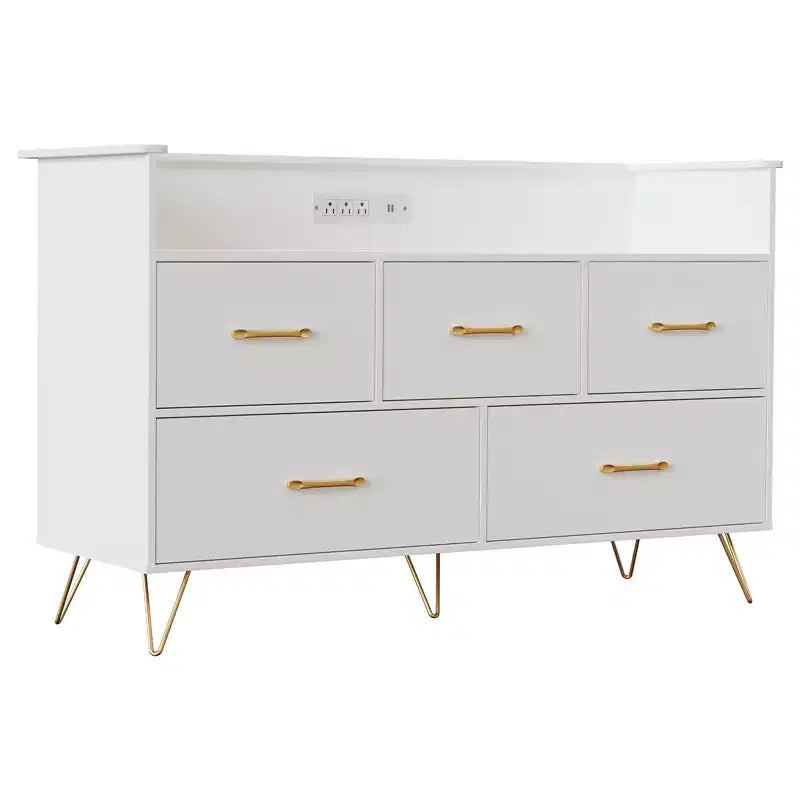 Commode à 5 tiroirs pour chambre à coucher, commode moderne avec lumières LED et station de recharge, organisateur de rangement de vêtements compact en bois
