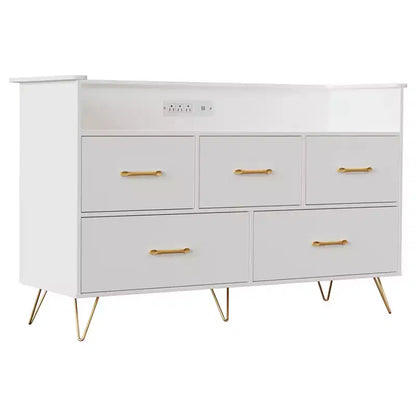 Commode à 5 tiroirs pour chambre à coucher, commode moderne avec lumières LED et station de recharge, organisateur de rangement de vêtements compact en bois