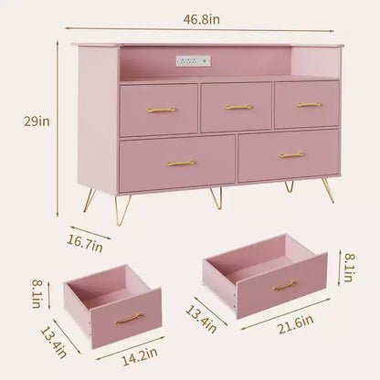 Commode à 5 tiroirs pour chambre à coucher, commode moderne avec lumières LED et station de recharge, organisateur de rangement de vêtements compact en bois