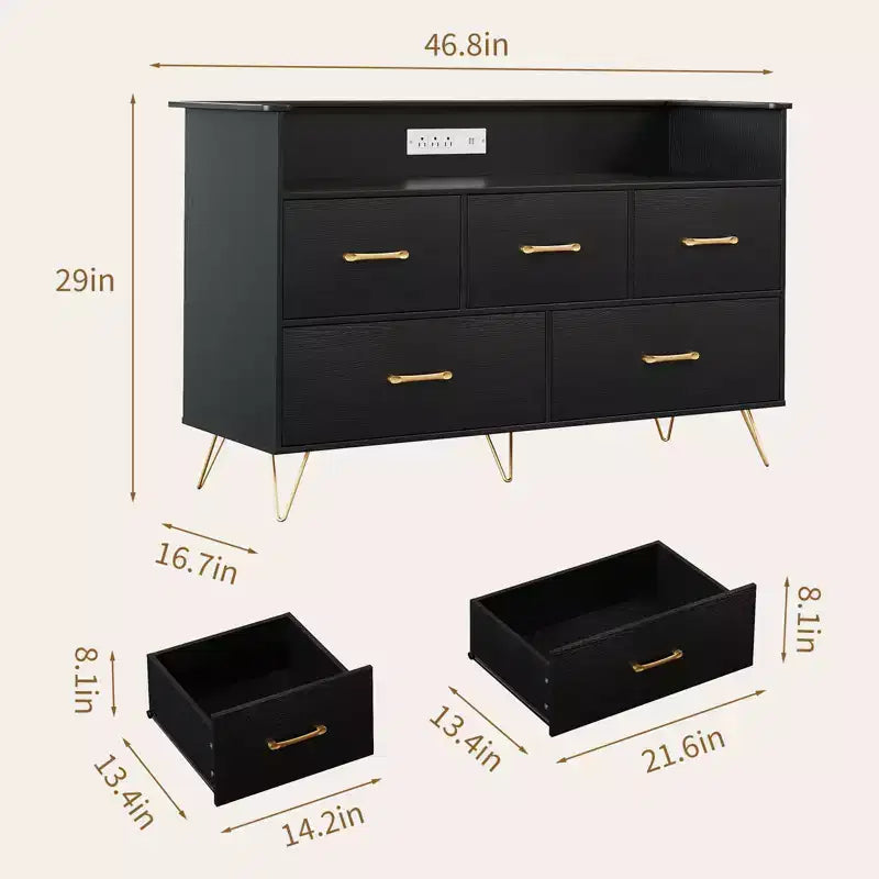 Commode à 5 tiroirs pour chambre à coucher, commode moderne avec lumières LED et station de recharge, organisateur de rangement de vêtements compact en bois