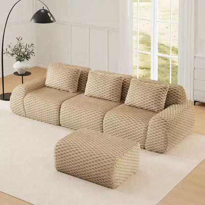 Canapé modulable en forme de L en flanelle 3 places, pouf à boucle, aucun assemblage requis, couleur camel clair