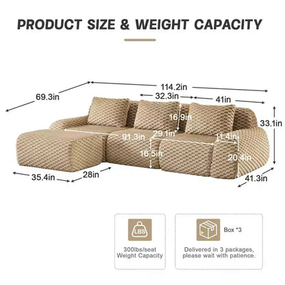 Canapé modulable en forme de L en flanelle 3 places, pouf à boucle, aucun assemblage requis, couleur camel clair