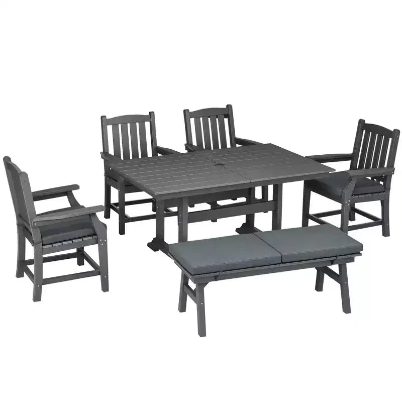 6 Pieces Patio Dining Set, 6 Seater Outdoor Table and Chairs, Conversation Furniture, Armrests, Loveseat Bench, Dinner Table with Umbrella Hole