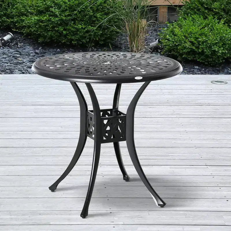 Table de salle à manger de terrasse ronde de 76 cm avec trou pour parasol, table de bistrot d'extérieur en fonte d'aluminium antique uniquement