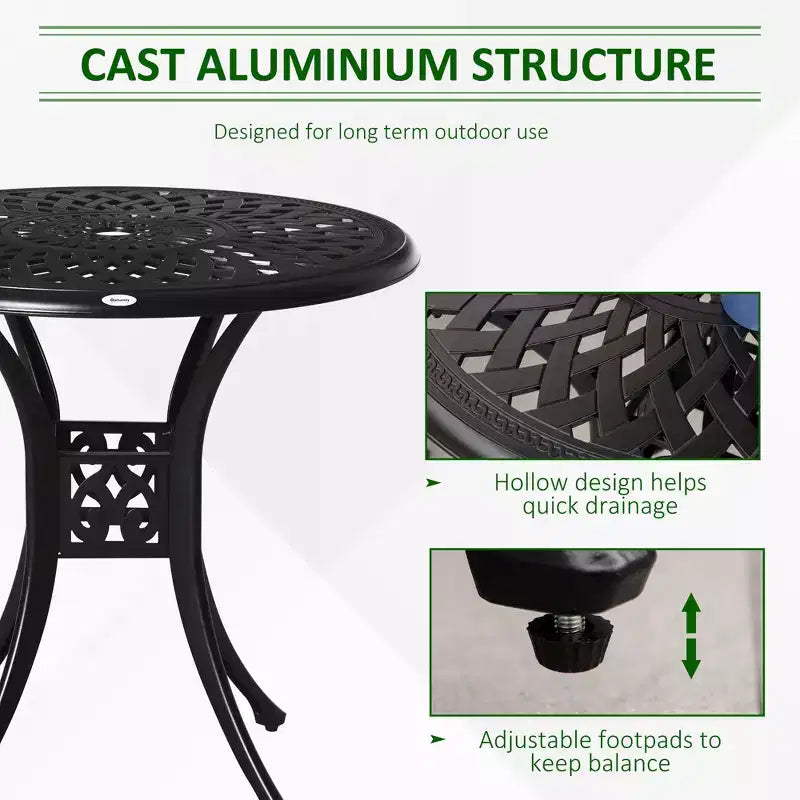 Table de salle à manger de terrasse ronde de 76 cm avec trou pour parasol, table de bistrot d'extérieur en fonte d'aluminium antique uniquement