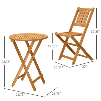 Ensemble de bistrot 3 pièces en bois d'acacia, mobilier de patio pliant avec 2 chaises pliantes et une table basse ronde, finition à lattes, pour jardin, balcon