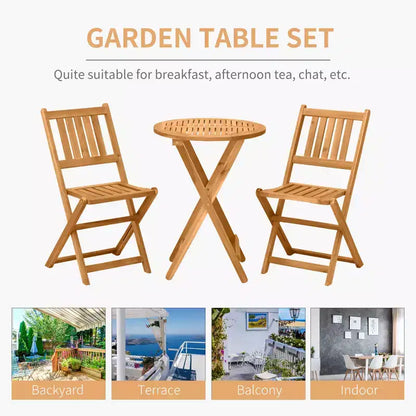 Ensemble de bistrot 3 pièces en bois d'acacia, mobilier de patio pliant avec 2 chaises pliantes et une table basse ronde, finition à lattes, pour jardin, balcon