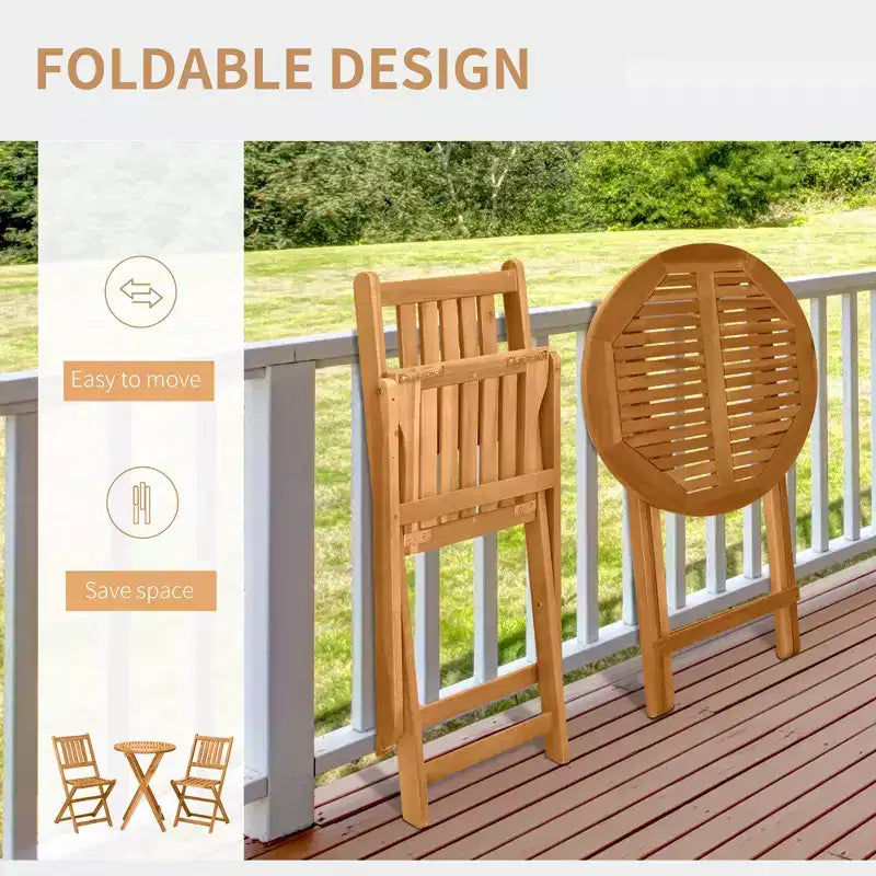 Ensemble de bistrot 3 pièces en bois d'acacia, mobilier de patio pliant avec 2 chaises pliantes et une table basse ronde, finition à lattes, pour jardin, balcon