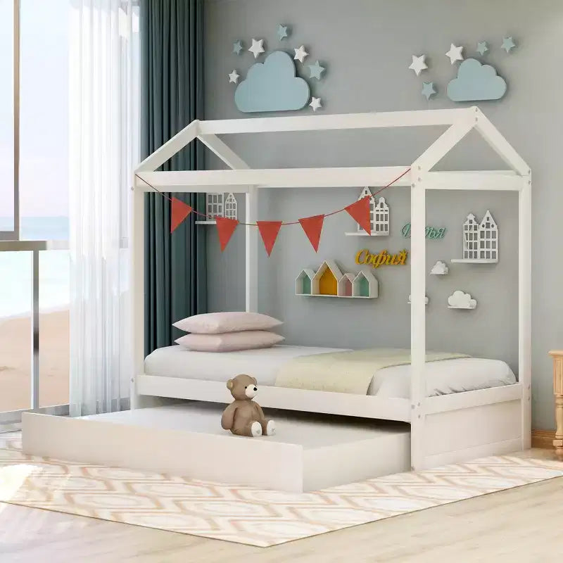 Bellemave Kids House Bed with Trundle, Roof Frame Design, Space-Saving Floor Bed for Two Children, Customizable Decor, White