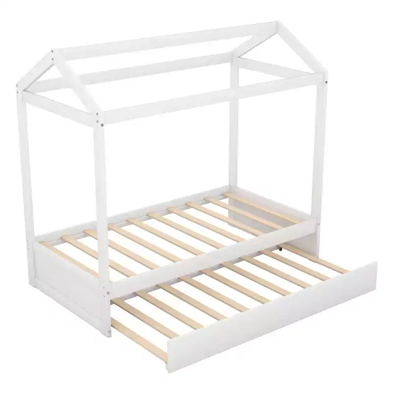 Bellemave Lit cabane pour enfants avec lit gigogne, design de toit, lit de sol peu encombrant pour deux enfants, décoration personnalisable, blanc