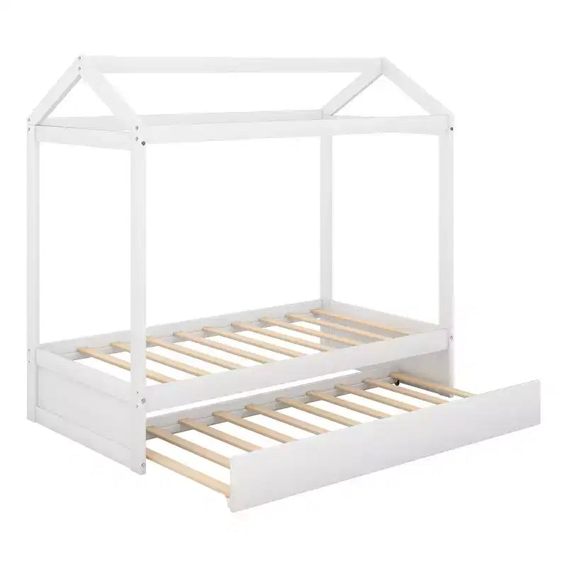 Bellemave Lit cabane pour enfants avec lit gigogne, design de toit, lit de sol peu encombrant pour deux enfants, décoration personnalisable, blanc