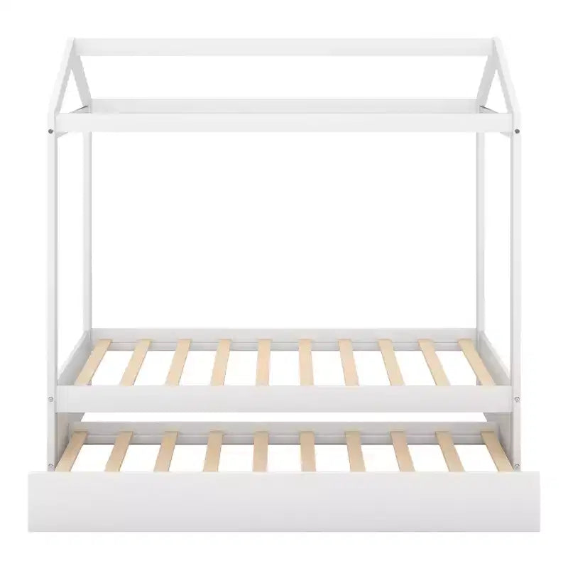 Bellemave Lit cabane pour enfants avec lit gigogne, design de toit, lit de sol peu encombrant pour deux enfants, décoration personnalisable, blanc