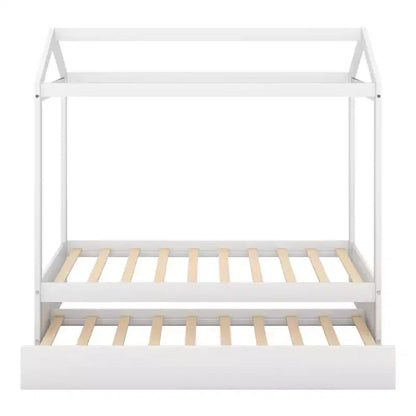Bellemave Lit cabane pour enfants avec lit gigogne, design de toit, lit de sol peu encombrant pour deux enfants, décoration personnalisable, blanc
