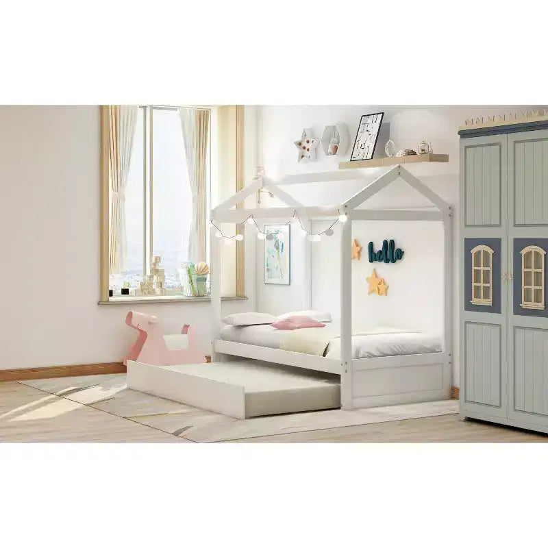 Bellemave Lit cabane pour enfants avec lit gigogne, design de toit, lit de sol peu encombrant pour deux enfants, décoration personnalisable, blanc