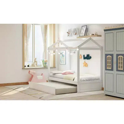 Bellemave Lit cabane pour enfants avec lit gigogne, design de toit, lit de sol peu encombrant pour deux enfants, décoration personnalisable, blanc