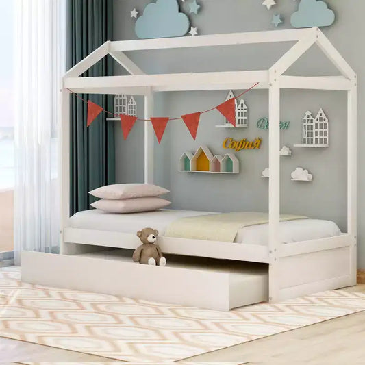 Bellemave Lit cabane pour enfants avec lit gigogne, design de toit, lit de sol peu encombrant pour deux enfants, décoration personnalisable, blanc