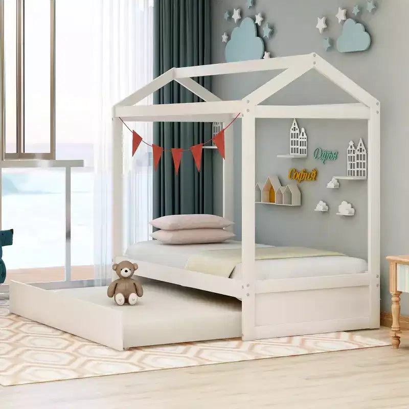 Bellemave Lit cabane pour enfants avec lit gigogne, design de toit, lit de sol peu encombrant pour deux enfants, décoration personnalisable, blanc