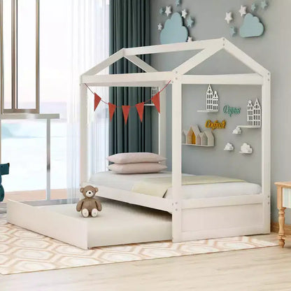 Bellemave Lit cabane pour enfants avec lit gigogne, design de toit, lit de sol peu encombrant pour deux enfants, décoration personnalisable, blanc