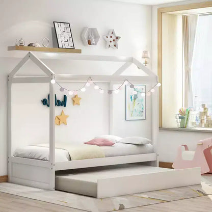 Bellemave Lit cabane pour enfants avec lit gigogne, design de toit, lit de sol peu encombrant pour deux enfants, décoration personnalisable, blanc