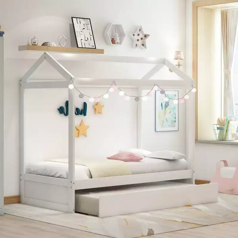 Bellemave Lit cabane pour enfants avec lit gigogne, design de toit, lit de sol peu encombrant pour deux enfants, décoration personnalisable, blanc