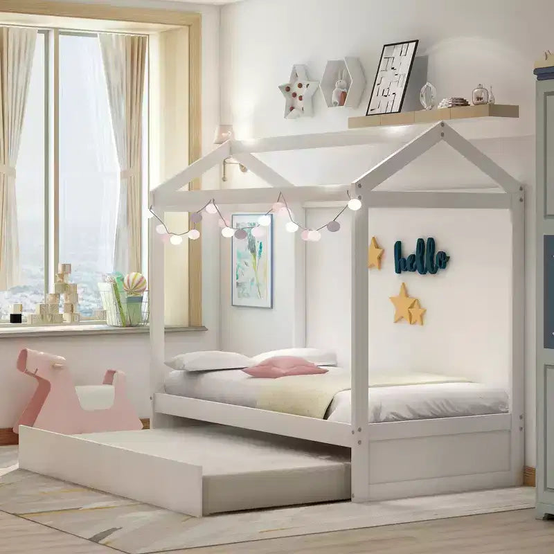 Bellemave Lit cabane pour enfants avec lit gigogne, design de toit, lit de sol peu encombrant pour deux enfants, décoration personnalisable, blanc