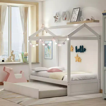 Bellemave Lit cabane pour enfants avec lit gigogne, design de toit, lit de sol peu encombrant pour deux enfants, décoration personnalisable, blanc