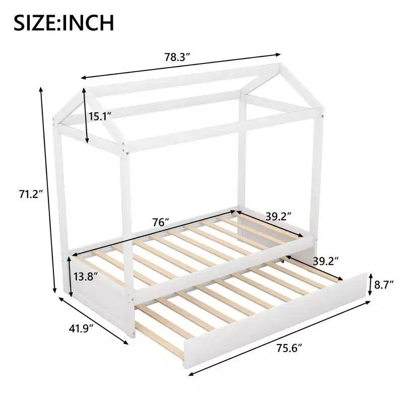 Bellemave Lit cabane pour enfants avec lit gigogne, design de toit, lit de sol peu encombrant pour deux enfants, décoration personnalisable, blanc