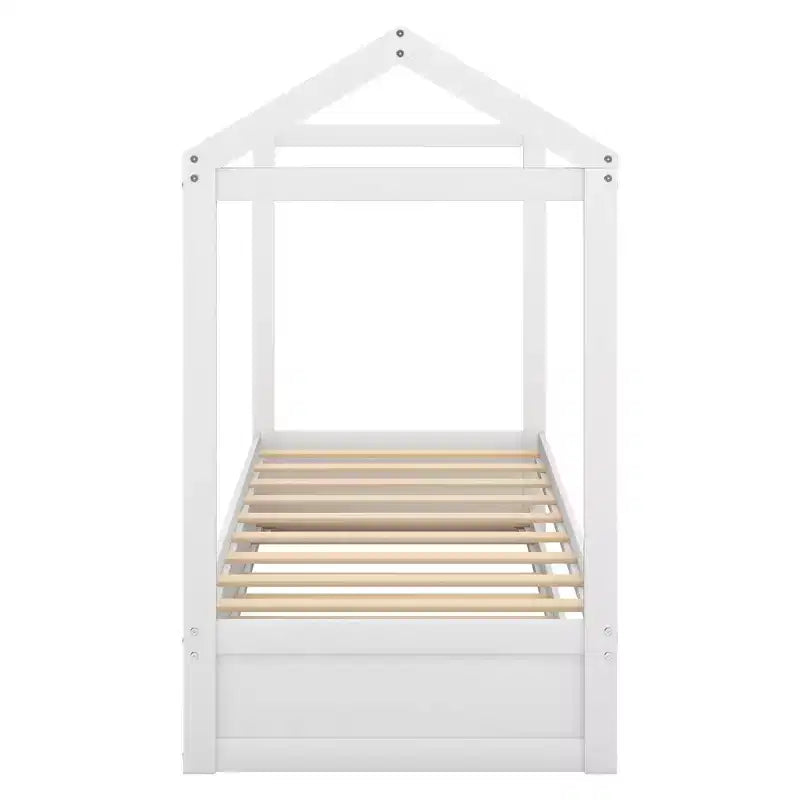 Bellemave Lit cabane pour enfants avec lit gigogne, design de toit, lit de sol peu encombrant pour deux enfants, décoration personnalisable, blanc