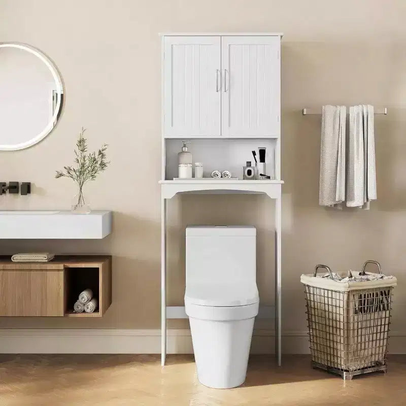 Meuble de rangement de salle de bain à double porte au-dessus des toilettes, meuble WC blanc avec étagère intérieure réglable et étagère de rangement ouverte