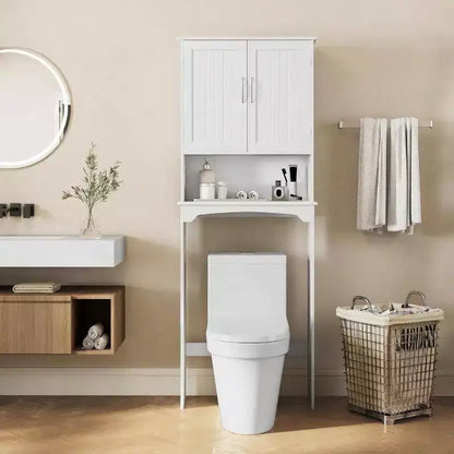 Meuble de rangement de salle de bain à double porte au-dessus des toilettes, meuble WC blanc avec étagère intérieure réglable et étagère de rangement ouverte