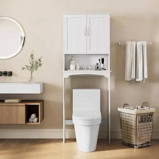 Meuble de rangement de salle de bain à double porte au-dessus des toilettes, meuble WC blanc avec étagère intérieure réglable et étagère de rangement ouverte