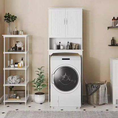 Meuble de rangement de salle de bain à double porte au-dessus des toilettes, meuble WC blanc avec étagère intérieure réglable et étagère de rangement ouverte