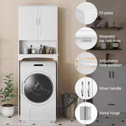 Meuble de rangement de salle de bain à double porte au-dessus des toilettes, meuble WC blanc avec étagère intérieure réglable et étagère de rangement ouverte