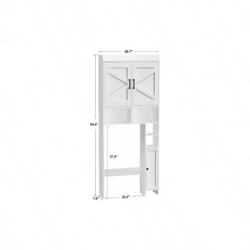 Meuble de rangement pour toilettes avec 2 portes de grange et support, blanc, étagère de salle de bain autoportante, économiseur d'espace pour salle de bain et buanderie