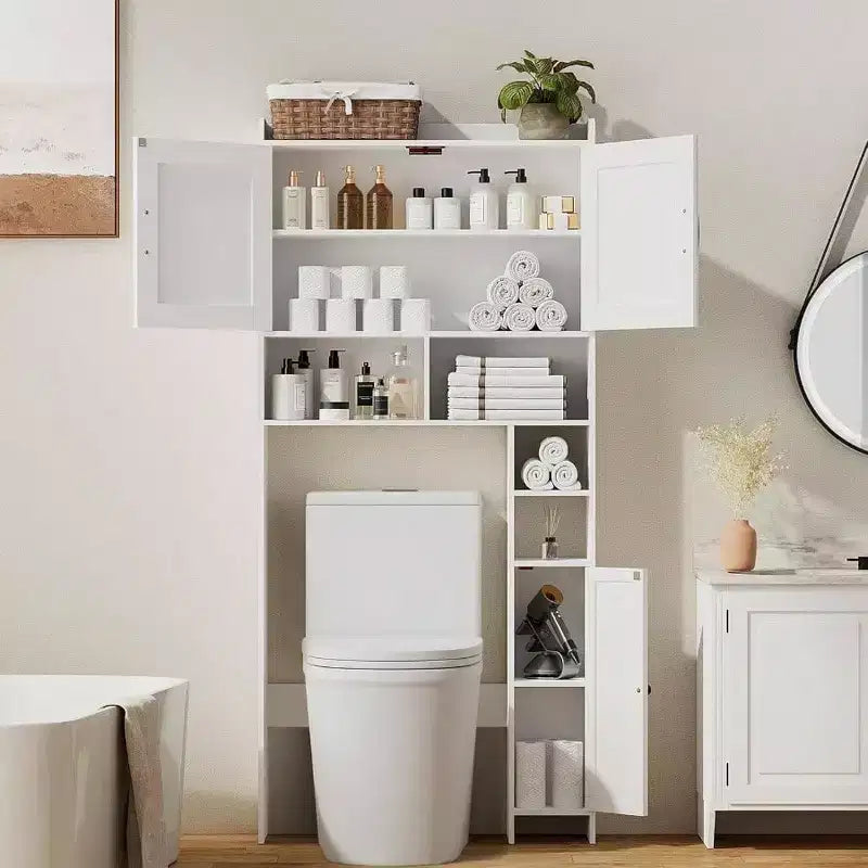 Meuble de rangement pour toilettes avec 2 portes de grange et support, blanc, étagère de salle de bain autoportante, économiseur d'espace pour salle de bain et buanderie