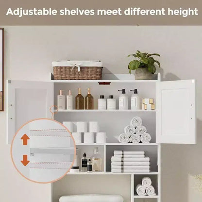 Meuble de rangement pour toilettes avec 2 portes de grange et support, blanc, étagère de salle de bain autoportante, économiseur d'espace pour salle de bain et buanderie