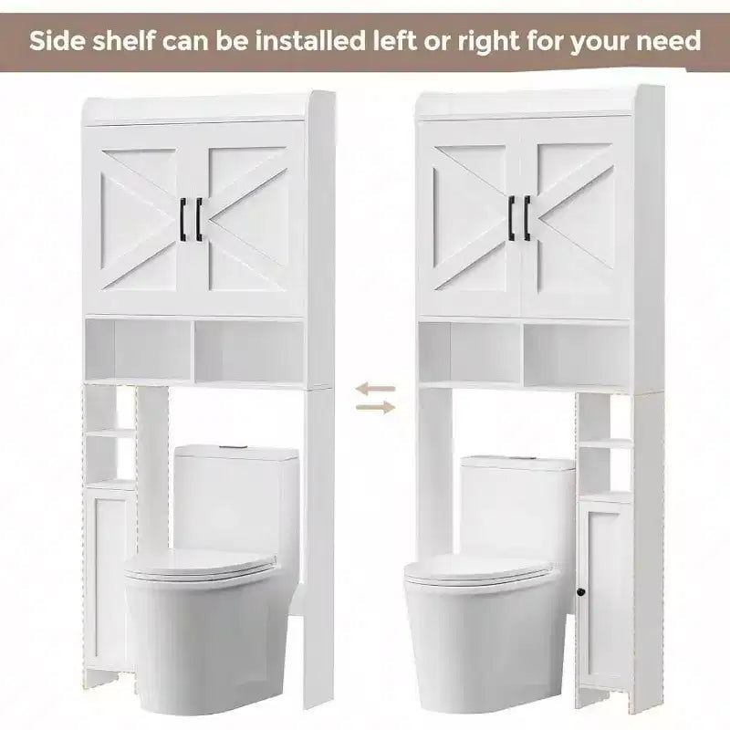 Meuble de rangement pour toilettes avec 2 portes de grange et support, blanc, étagère de salle de bain autoportante, économiseur d'espace pour salle de bain et buanderie