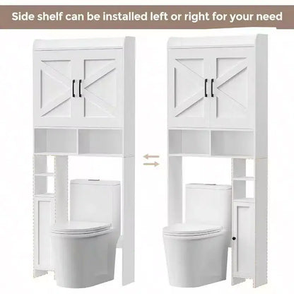 Meuble de rangement pour toilettes avec 2 portes de grange et support, blanc, étagère de salle de bain autoportante, économiseur d'espace pour salle de bain et buanderie