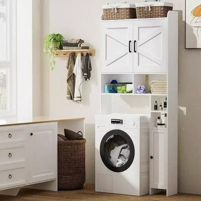 Meuble de rangement pour toilettes avec 2 portes de grange et support, blanc, étagère de salle de bain autoportante, économiseur d'espace pour salle de bain et buanderie