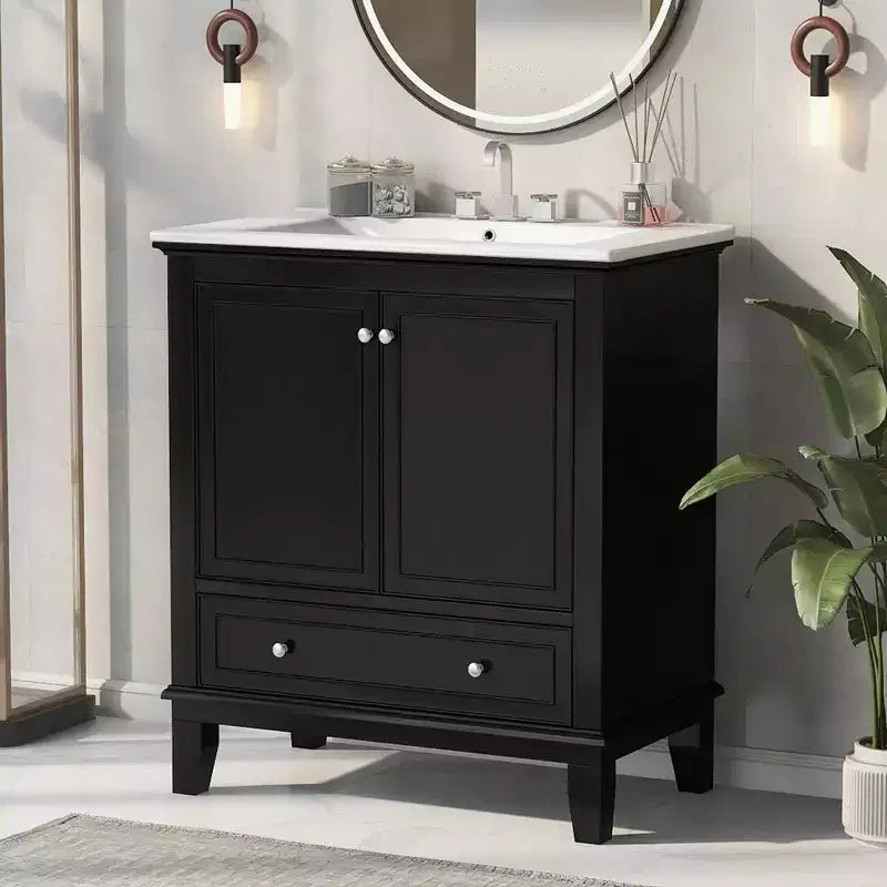 MAYEERTY 30 Bathroom Vanity with Sink Multi-functional Cabinet Doors Drawer Solid Wood MDF Black